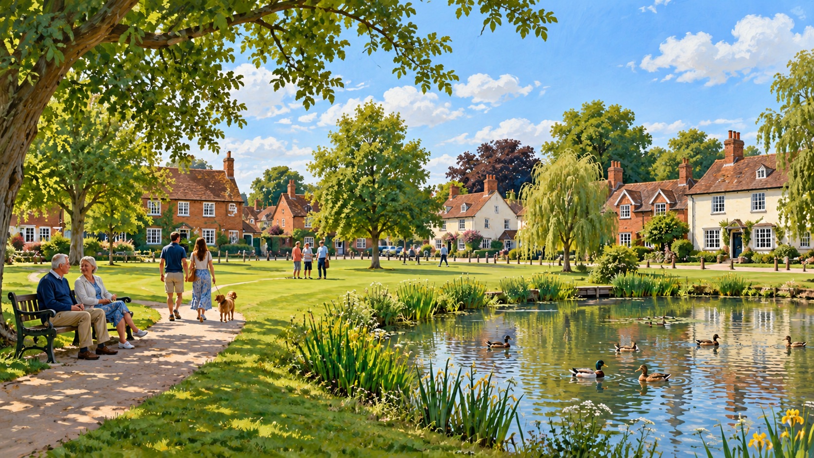 Artist's impression of neighbours beside Writtle village green and duck pond near Chelmsford